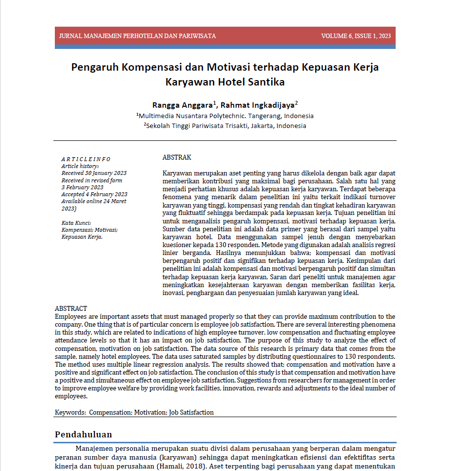 Pengaruh Kompensasi Dan Motivasi Terhadap Kepuasan Kerja Karyawan Hotel Santika