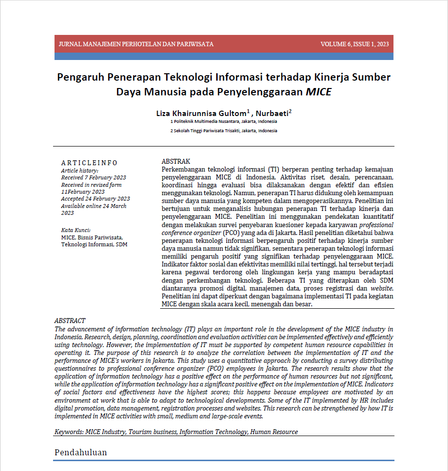 Pengaruh Penerapan Teknologi Informasi Terhadap Kinerja Sumber Daya Manusia pada Penyelenggaraan MICE