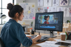Seorang mahasiswa jurusan animasi membuat ilustrasi karakter digital sebagai bagian dari proses belajar animasi.